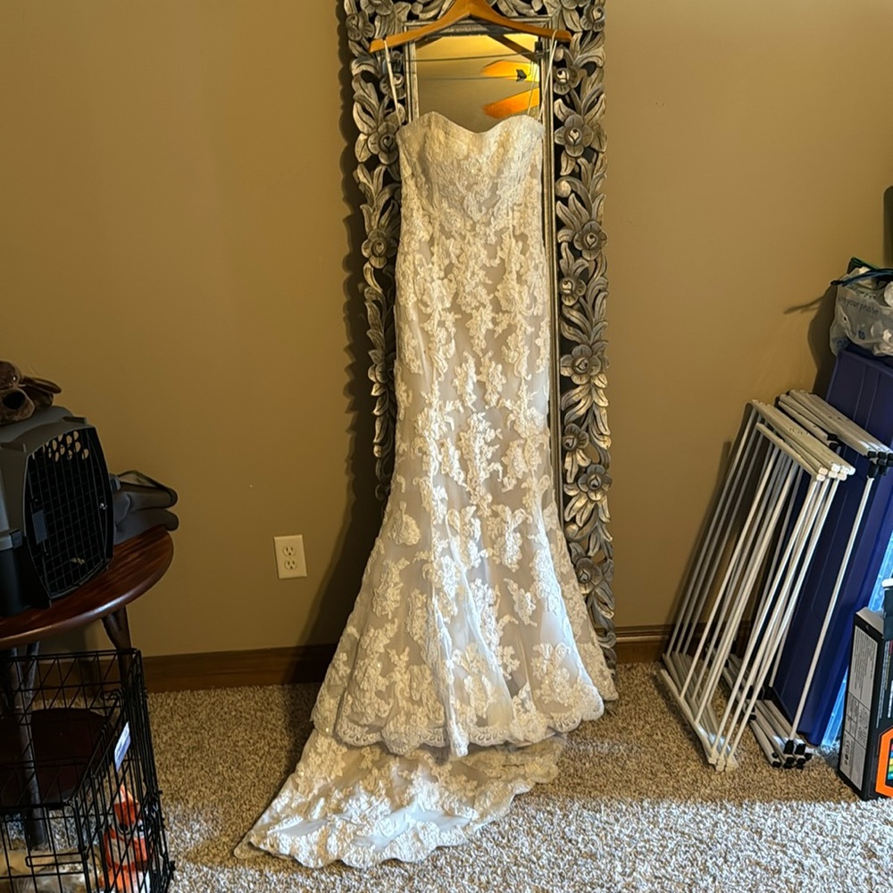 Demetrios cream wedding dress. White lace and beaded over lay.